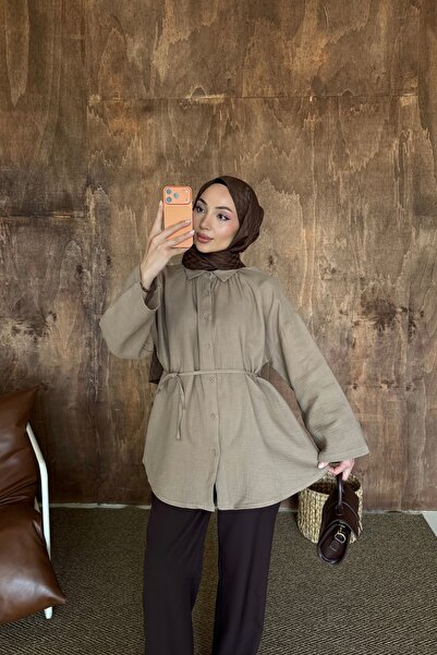 HYWONA Women's 100% Cotton Muslin Oversize Hijab Shirt Tunic Light Brown