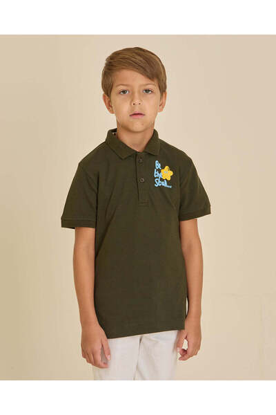 REDTAG Boys Olive Chest Print Polo T-Shirt