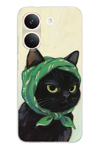 TechTree POCO X8 PRO Uyumlu Babushka Yeşil Başörtülü Siyah Kedi Baskılı Silik...