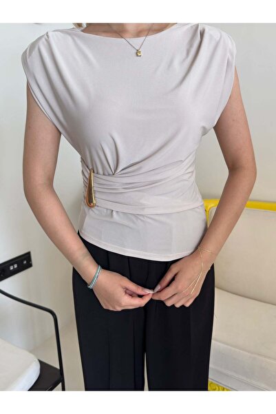 Bade Butik Beige Gold Detailed Padded Blouse