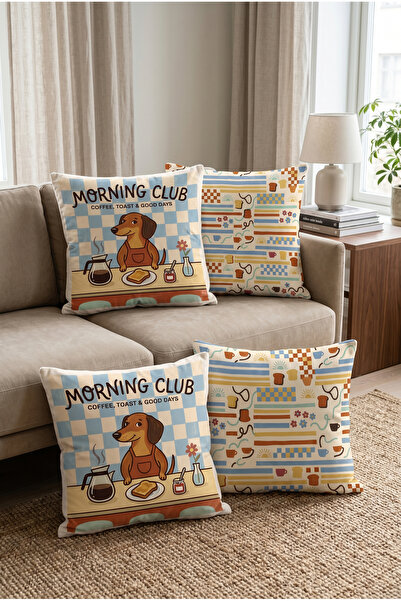 Sakallı Σετ 4 διακοσμητικών μαξιλαροθηκών Morning Club με γραπτά σχέδια σκύλω...