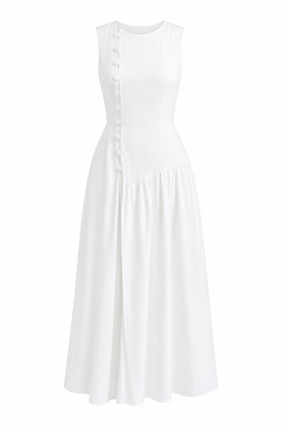 HAZELANNA Zero Sleeve Covered Button Detailed White Dress