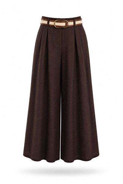 5in1Canpolat Pantaloni amestecați din in, maro închis, cu curea 51405