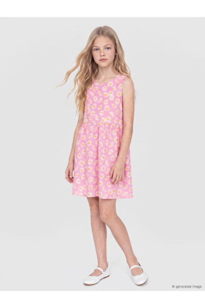 LC Waikiki Lcw Kids Pink Bicycle Collar Floral Girl Poplin Dress