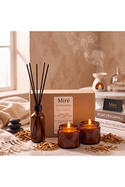 mire home 3 lü Koku ve Mum Seti Amber Seri Sandal Kokulu 50 ml