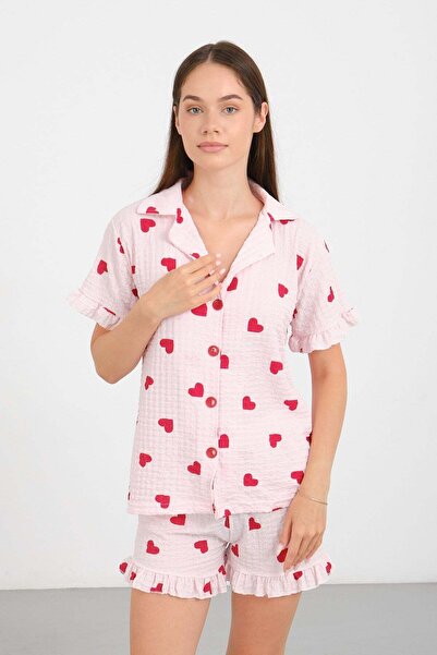 C&City Bürümcük Textured Buttoned Shorts Set Pink