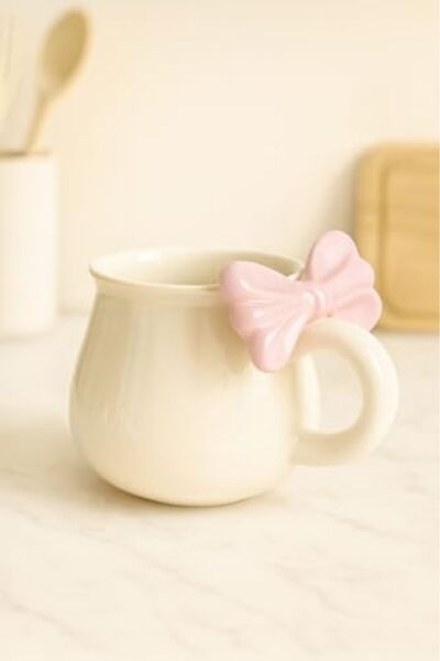 Yıldızan Ohbe Express Store Decorative Bow Mug - Handmade Ceramic Cup (Pink) ...