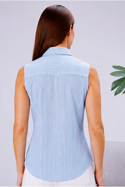 FARQIN Ice Blue Viscose Linen Zero Sleeve Women's Shirt