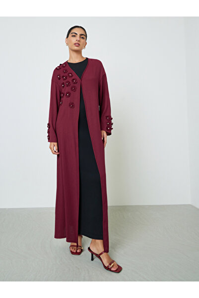 Amirah By Styli Burgundy Embroidered Floral Abaya