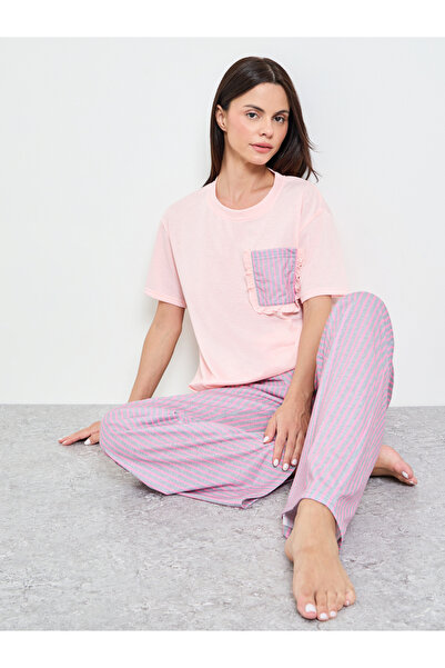 Styli Pink Striped Ruffle Edge Pocket T-Shirt and Straight Pyjama Set
