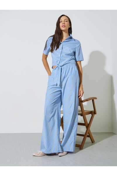 Styli Blue Striped Tie-Hem Shirt and Wide Leg Pants Co-Ord Set