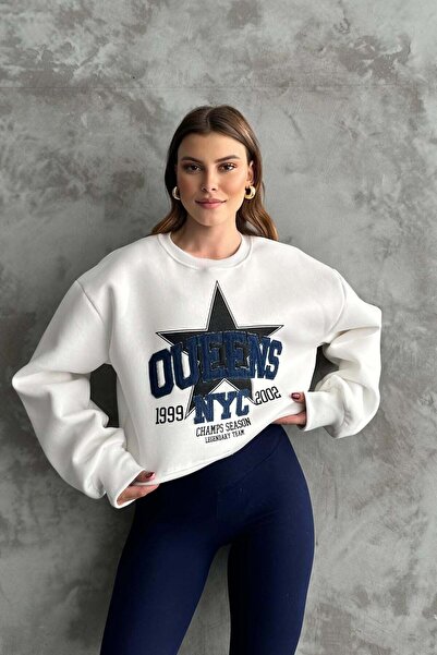Fulla Moda Star Printed Crew Neck Oversize Sweatshirt