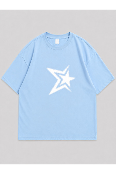 ZİYMO Unisex Y2K Star Printed Oversized T-Shirt Baby Blue