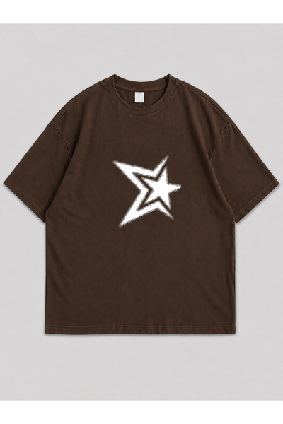 ZİYMO Unisex Y2K Star Printed Oversized T-Shirt Brown