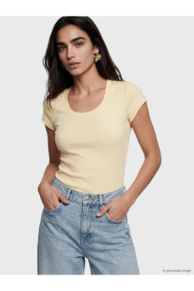 LC Waikiki Γυναικείο μπλουζάκι LCW Vision Yellow U-Neck από 100% βαμβάκι