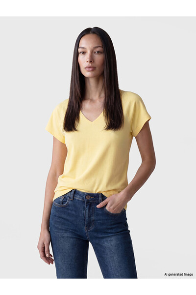 LC Waikiki Lcw Everyday Yellow V-Neck 100% Cotton Women's T-Shirt