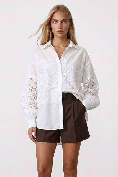 Trend Alaçatı Stili Women's White Lace Detailed Oversize Woven Shirt Alc-X15576