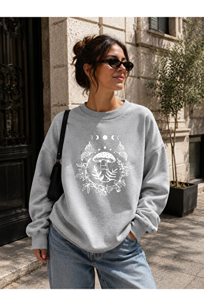 caddekombin Mushroom and Moon Printed Crew Neck Sweatshirt