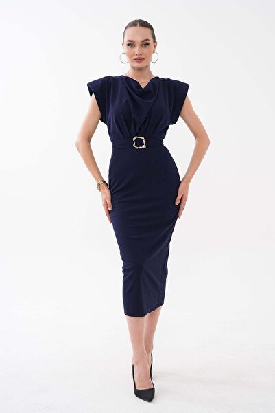 Women's Padded Zero Sleeve Draped Detachable Belt Detail Sandy Navy Blue Dress