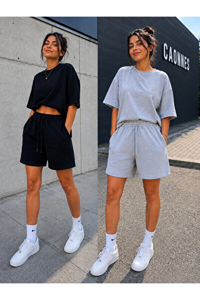 CAONNES 2-Piece Shorts for Women (Black-Grey) Summer Shorts Anti-Sweat