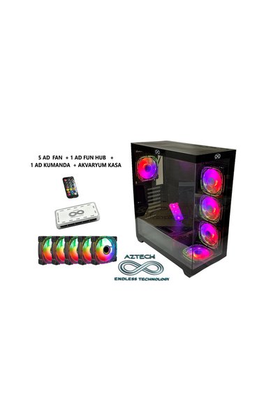Aztech AZT09 600W Temper Cam , RGB Switch Siyah 5 x RGB Fan Uzakdan Kumanda Akvaryum Gamin Kasa