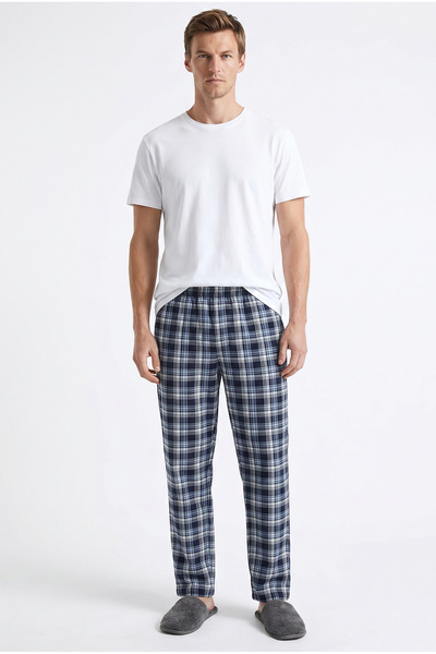 Sementa Plaid Patterned Cotton Pajama Bottoms with Pockets - Blue