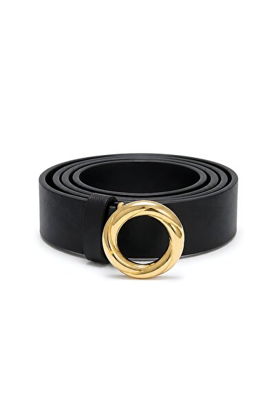 SHAKA Black Shk3008 Women's Round Twist Gold Buckle Faux Leather Waist Belt