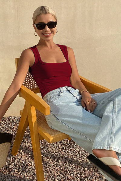 MİO ESTİLO Ribbed Tank Top Square Neck Blouse Wide-Strap Tank Top/Tank Top - ...