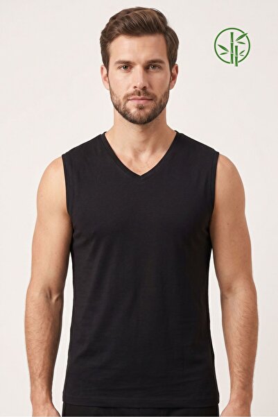 OBJE Men's Black Bamboo V-Neck Zero Sleeve T-Shirt