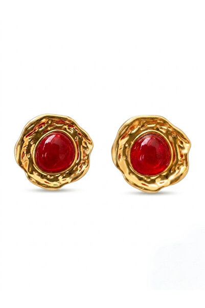Pelin Aksesuar Gold Color Vintage Textured Red Stone Round Earrings