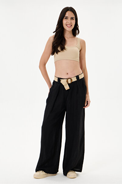 della moor Women's Black Italian 100% Linen Straw Belted Pleated Wide Leg Lin...