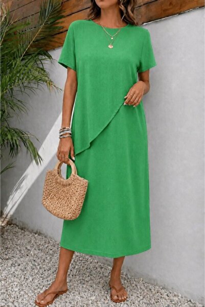Wear Up Women's short sleeve crew neck asymmetrical hem maxi dress