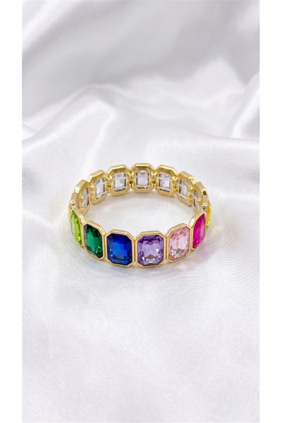 Pelin Aksesuar Multi-Colored Rectangular Stone Gold Color Framed Flexible Bra...