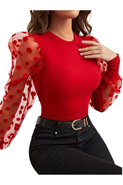 OEM Bluza dama, rosie, maneca lunga, maneci tul buline, M