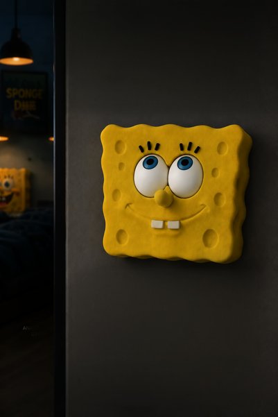 Nivu Sünger Bob Işık Anahtarı Kapağı | Gözleri Hareketli Işık Açma Kapama Aparatı | 3D Baskı Dekoratif Anahtar Kapağı | Çocuk Odası ve Oyun Odası Dekoru