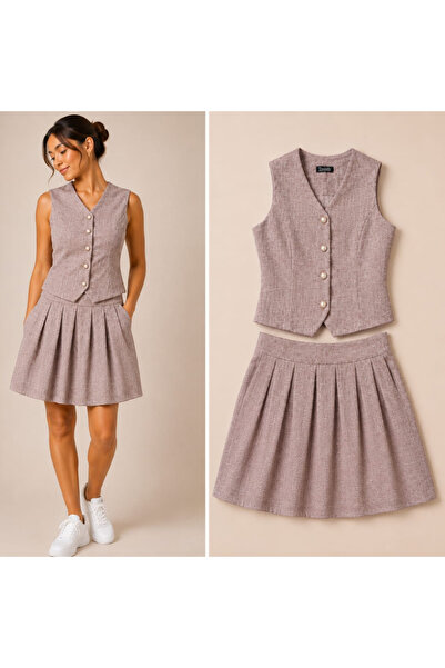 BKKOriginal Women's Textured Vest & Pleated Skirt Co-Ord Set