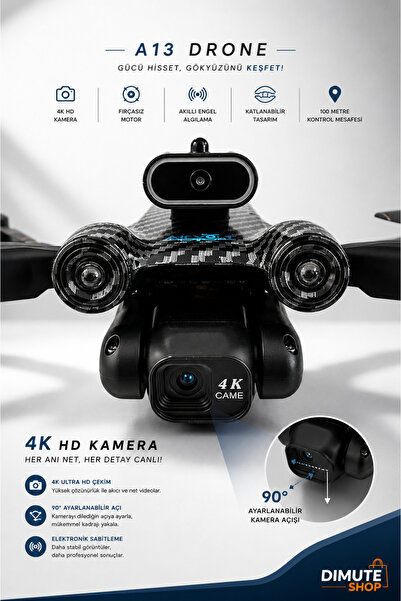 Dimute Shop A13 Drone 4K HD Kameralı Fırçasız Motor Akıllı Engel Sensörlü Katlanabilir Drone