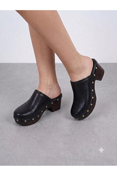 KS KADİR SARAÇ Women's Black Genuine Leather Trocked Sabo Slippers with Woode...