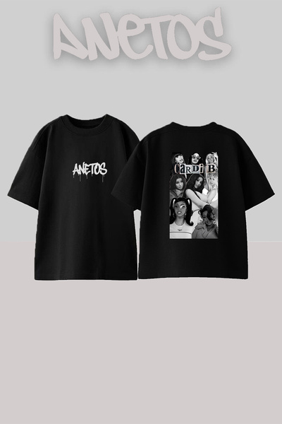 Anetos Μαύρο μπλουζάκι Cardi B_4 με στάμπα σχεδίου, unisex, oversized