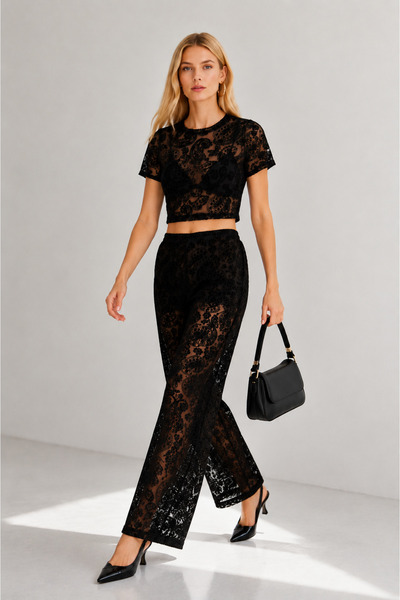 FARBE ER FASHION Rose Black Lace Pants Set