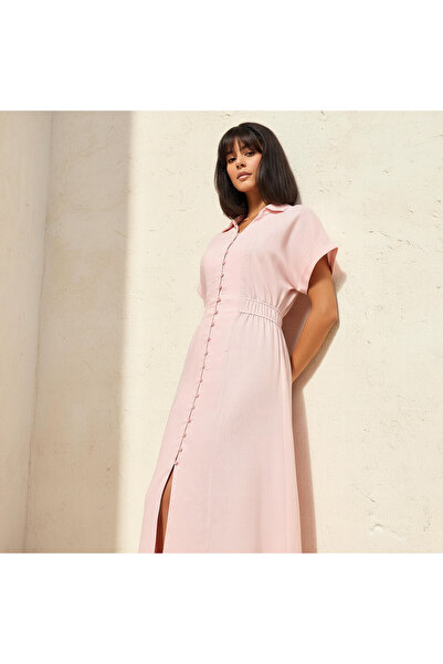 FAV A-line Midi Linen Blend Shirt Dress with Cinched Waist