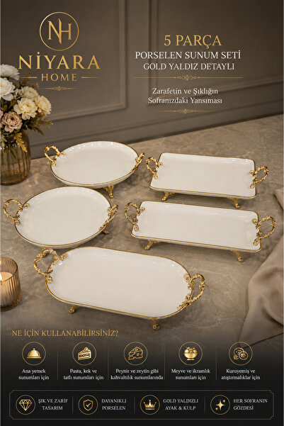 Niyara home 5 Piece Porcelain Presentation Set with Gold Gilding Details - ∞O...