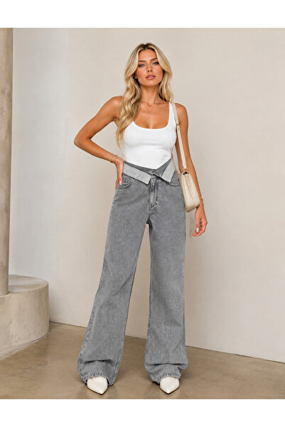SHEVEGA Women's Anthracite High Waist Belt Detailed Wide Leg Jeans