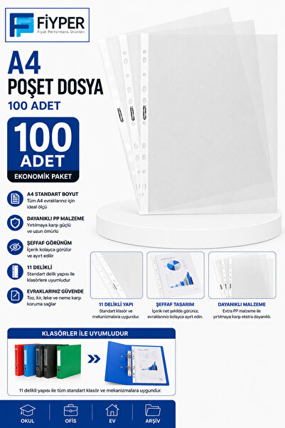 Fiyper Fiyat Performans Ürünleri A4 Poşet Dosya 100'lü Şeffaf Evrak Koruma Do...