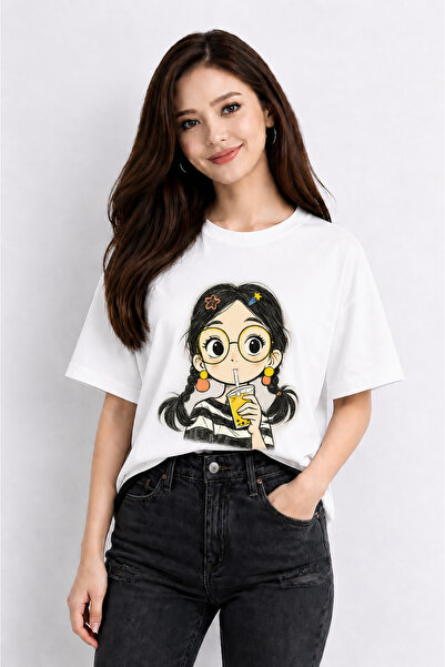 VODEXA Unisex Oversize T-Shirt Cute Girl Printed 100% Cotton T-Shirt Comforta...