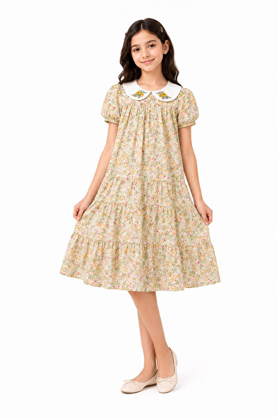 Shiladon Girls' Floral Cotton Dress with Embroidered Collar