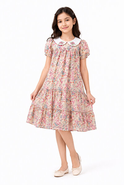 Shiladon Girls' Floral Cotton Dress with Embroidered Collar