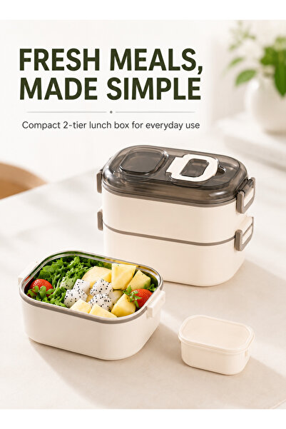 Yoawllty 2-Tier Leakproof Stainless Steel Bento Box Beige Detachable Microwav...
