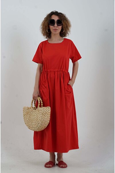 Zelish My Sister Red Gathered Waist Short Sleeve Dress