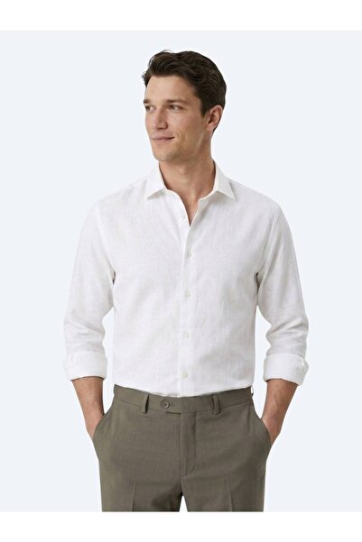 Kip White Regular Fit Long Woven Casual Cotton Blend Shirt